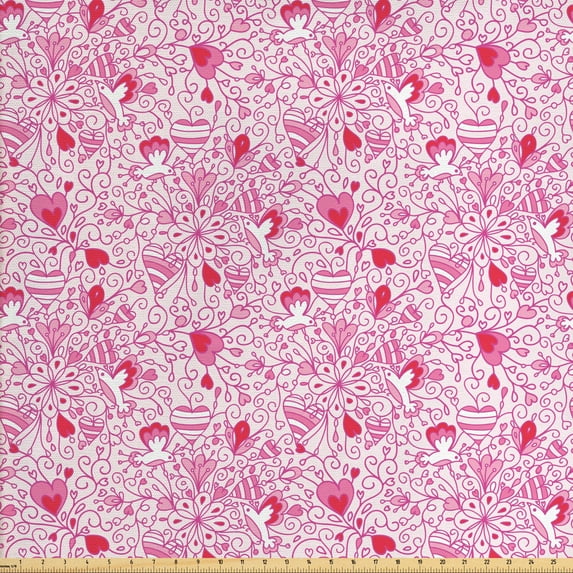Ambesonne Botanical Fabric by the Yard Upholstery, Love Flowers Doodle Art, 5 Yards, Pink and Dark Coral