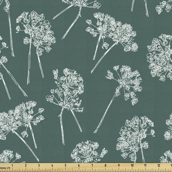 Ambesonne Botanical Fabric by the Yard Upholstery, Meadow Flowers Drawing, 3 Yards, Hunter Green White