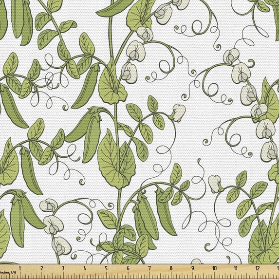 Ambesonne Botanical Fabric by the Yard Upholstery, Pea Plant Leaves Drawing, 1 Yard, Pale Olive Green and White