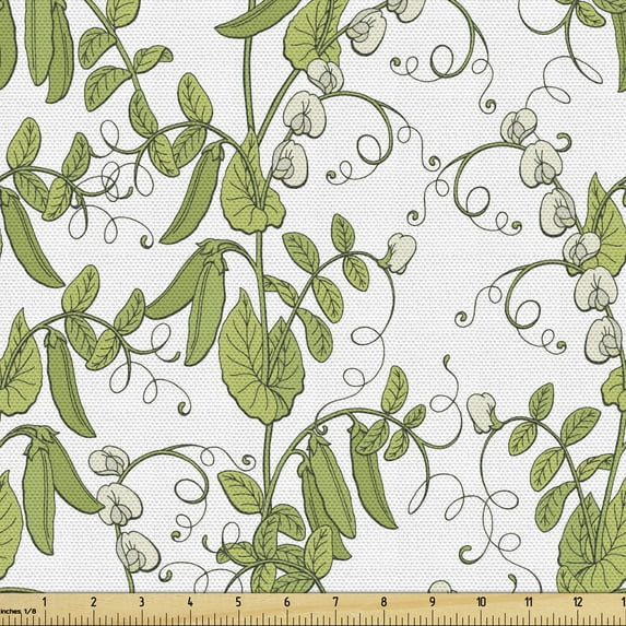 Ambesonne Botanical Fabric by the Yard Upholstery, Pea Plant Leaves Drawing, 2 Yards, Pale Olive Green and White