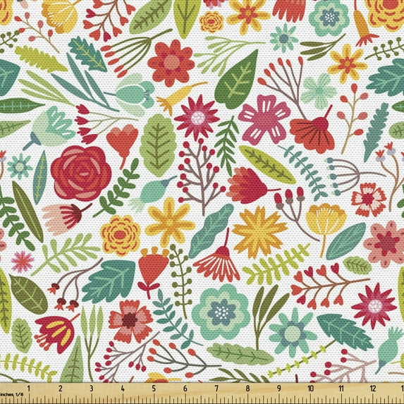 Ambesonne Botanical Fabric by the Yard Upholstery, Romantic Flowers Doodle, 2 Yards, Multicolor