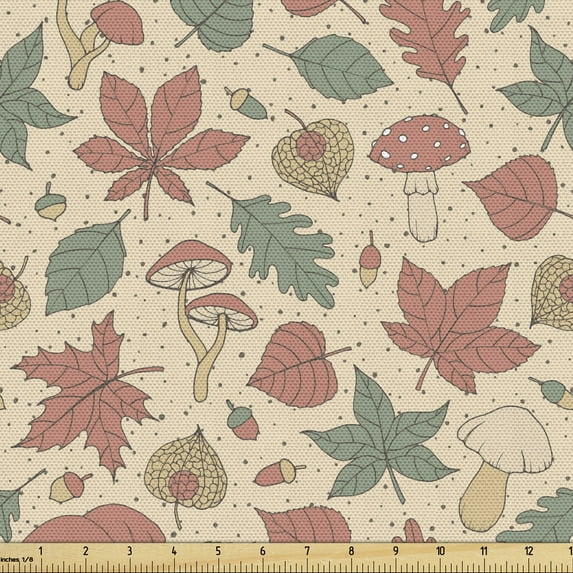Ambesonne Botanical Fabric by the Yard Upholstery, Scene of Leaves Mushrooms, 2 Yards, Champagne Peacock Green