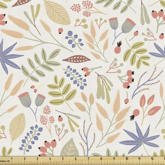 Ambesonne Botanical Fabric by the Yard Upholstery, Soft Berry Spring Growth, 5 Yards, Eggshell and Multicolor