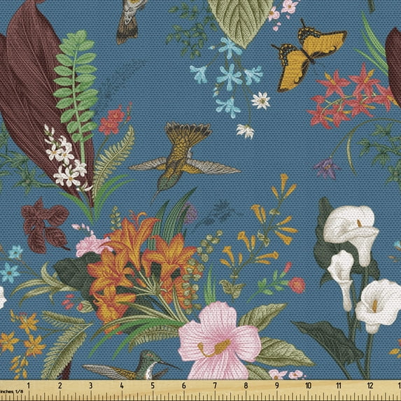 Ambesonne Botanical Fabric by the Yard Upholstery, Tropical Flowers Birds, 2 Yards, Multicolor
