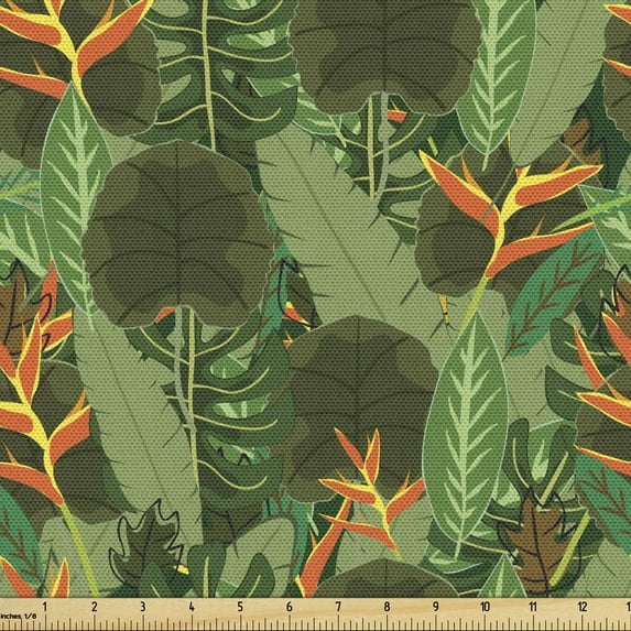 Ambesonne Botanical Fabric by the Yard Upholstery, Tropical Leaves Forest, 2 Yards, Evergreen and Olive Green
