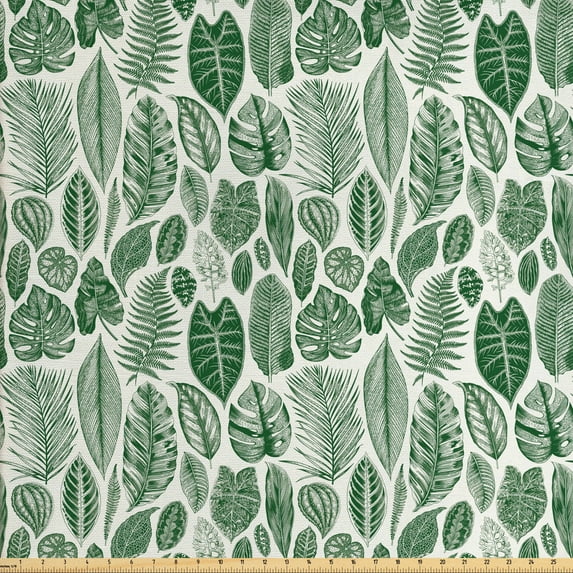 Ambesonne Botanical Fabric by the Yard Upholstery, Vintage Exotic Leaves, 2 Yards, Green and Ivory
