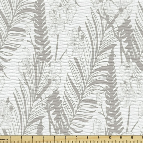 Ambesonne Botanical Fabric by the Yard Upholstery, Vintage Orchids Leaves, 10 Yards, Pale Taupe and White