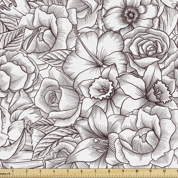Ambesonne Botanical Fabric by the Yard Upholstery, Vintage Sketch Flowers, 10 Yards, Dark Maroon White