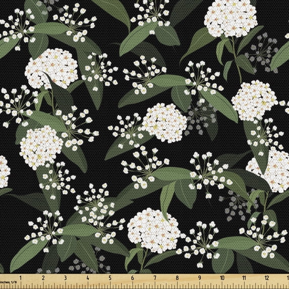 Ambesonne Botanical Fabric by the Yard Upholstery, White Hydrangea Wedding, 5 Yards, Black Army Green