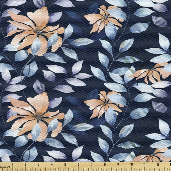Ambesonne Botanical Fabric by the Yard Upholstery, Wild Floral on Night Back, 10 Yards, Navy Blue and Peach