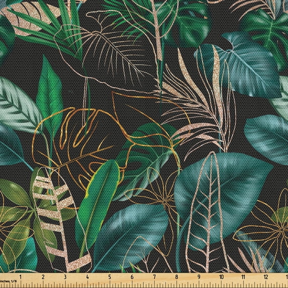 Ambesonne Botanical Fabric by the Yard Upholstery, Wild Leaves Tropical Art, 1 Yard, Green Teal and Dark Grey