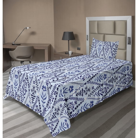 Ambesonne Botanical Fitted & Flat Sheet with Sham 3 Pcs Set, Meadow Floral Ornament, Twin, Dark Lavender Violet Blue