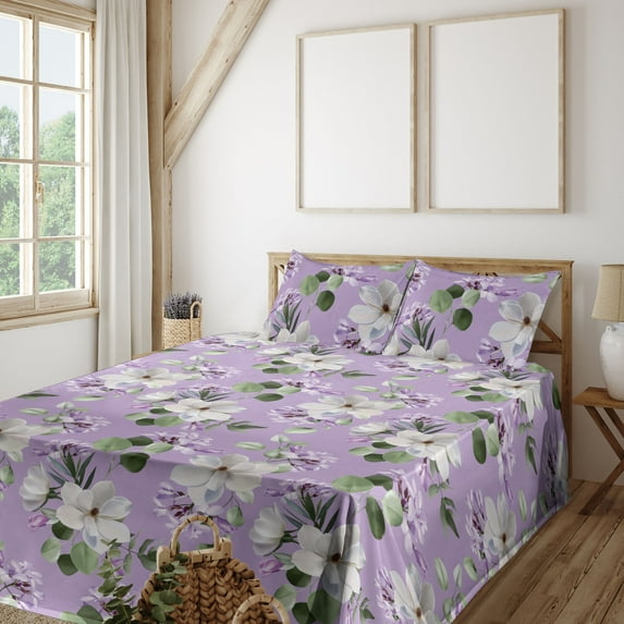 Ambesonne Botanical Fitted & Flat Sheet with Sham 3 Pcs Set, Spring Eucalyptus Leaf, Twin, Olive Green Coconut Lilac