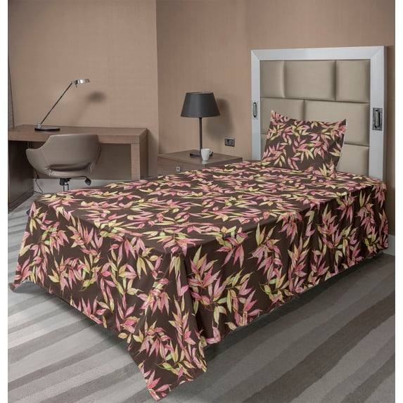 Ambesonne Botanical Fitted & Flat Sheet with Sham 3 Pcs Set, Watercolor Leaves Flora, Twin, Pastel Pink and Pale Green