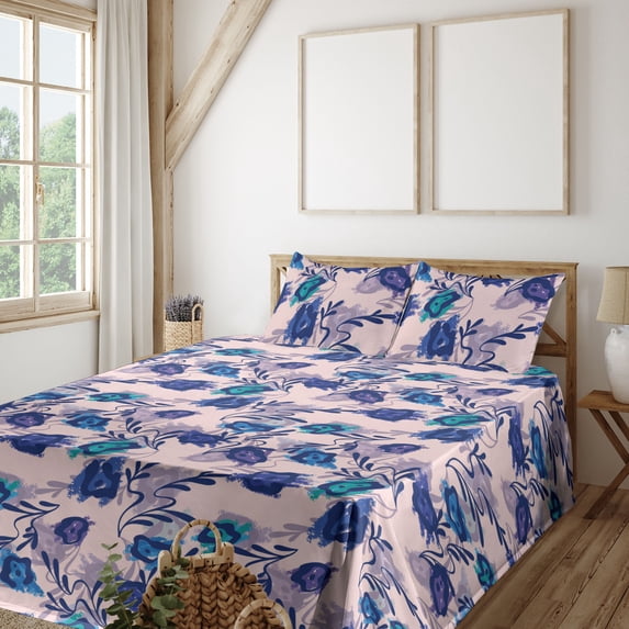 Ambesonne Botanical Fitted & Flat Sheet with Shams 4 Pcs Set, Flowers Nature Repeating, Queen, Navy Blue Violet and Teal