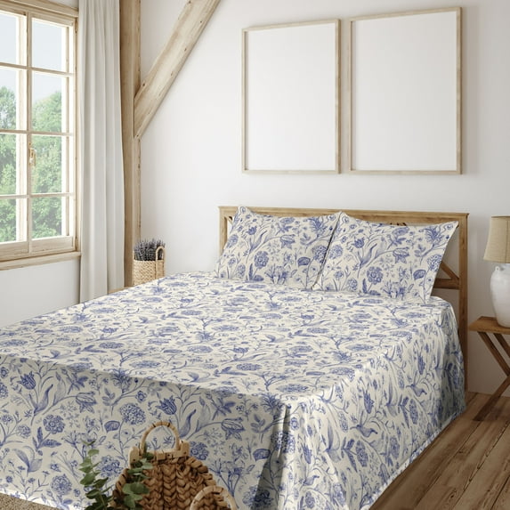 Ambesonne Botanical Fitted & Flat Sheet with Shams 4 Pcs Set, Leafy Vintage Flowers Art, Calking, Ivory and Blue Violet
