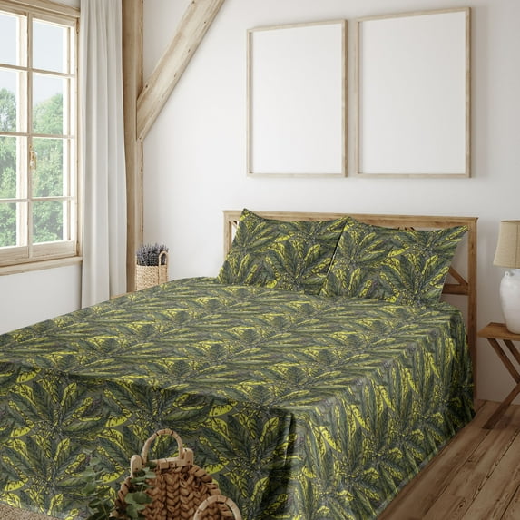 Ambesonne Botanical Fitted & Flat Sheet with Shams 4 Pcs Set, Leaves Retro Garden Art, Queen, Mustard and Pale Olive Green