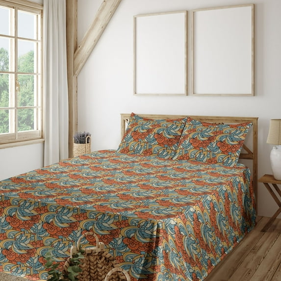Ambesonne Botanical Fitted & Flat Sheet with Shams 4 Pcs Set, Retro Flowers Doodle Line, King, Burnt Sienna and Pale Teal