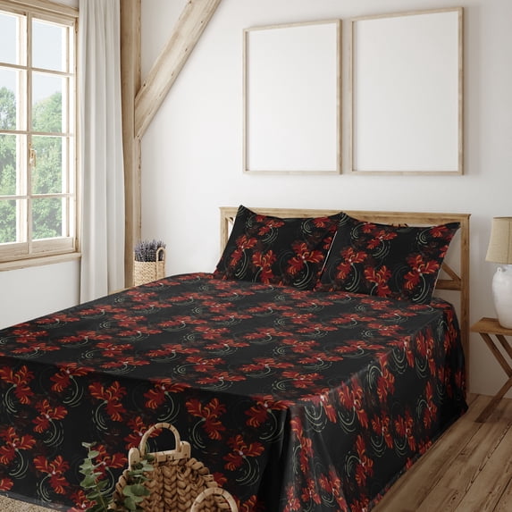 Ambesonne Botanical Fitted & Flat Sheet with Shams 4 Pcs Set, Scandinavian Red Flowers, Full, Dark Fuchsia Burnt Orange