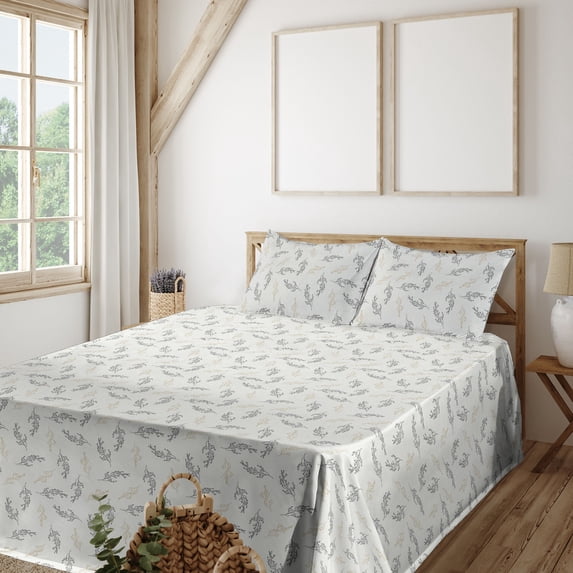 Ambesonne Botanical Fitted & Flat Sheet with Shams 4 Pcs Set, Simple Branches Pattern, Queen, Coconut Camel and Black