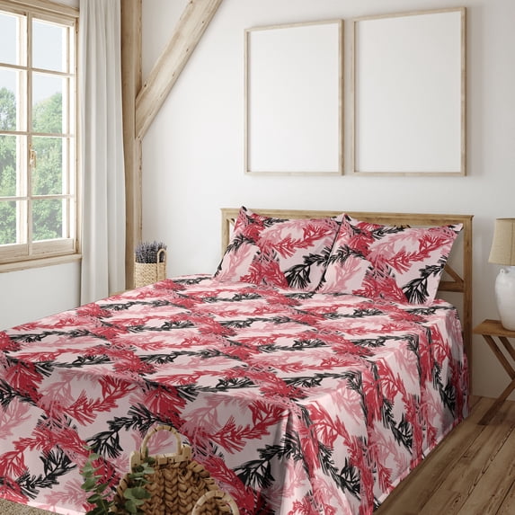 Ambesonne Botanical Fitted & Flat Sheet with Shams 4 Pcs Set, Spruce Branches Pattern, Full, Dark Pink Charcoal Grey
