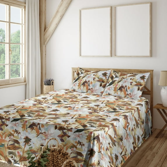 Ambesonne Botanical Fitted & Flat Sheet with Shams 4 Pcs Set, Summer Vintage Aster Art, Full, Cinnamon and Pale Khaki