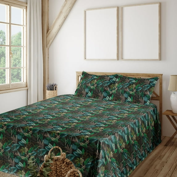 Ambesonne Botanical Fitted & Flat Sheet with Shams 4 Pcs Set, Wild Leaves Tropical Art, Queen, Green Teal and Dark Grey