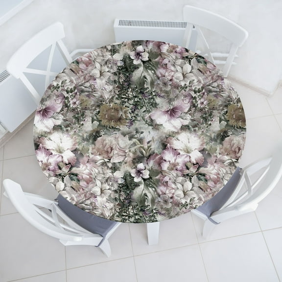Ambesonne Botanical Fitted Round Tablecloth, Nature Exotics Flowers, 45"- 56" Diameter, Laurel Green Grey Pink