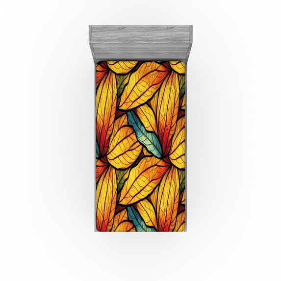 Ambesonne Botanical Fitted Sheet, Autumn Leaves Repeated, Twin Size, Mustard and Vermilion