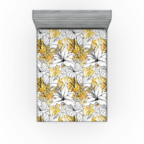 Ambesonne Botanical Fitted Sheet, Autumn Vibe Floral Art, Full Size, Mustard White Black