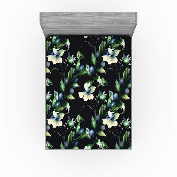 Ambesonne Botanical Fitted Sheet, Blooming Wild Art Flowers, King Size, Slate Blue Green and Black