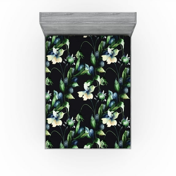Ambesonne Botanical Fitted Sheet, Blooming Wild Art Flowers, Queen Size, Slate Blue Green and Black