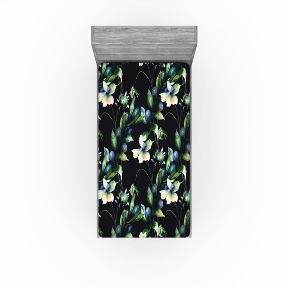Ambesonne Botanical Fitted Sheet, Blooming Wild Art Flowers, Twin Size, Slate Blue Green and Black