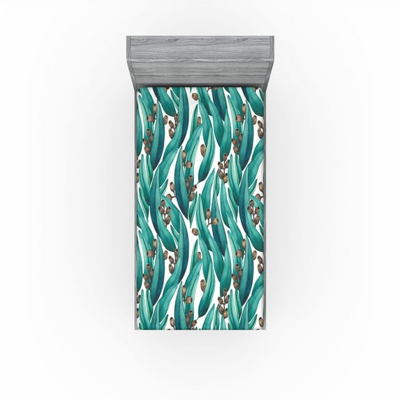 Ambesonne Botanical Fitted Sheet, Eucalyptus Leaves Buds, Twin XL Size, Teal Brown White