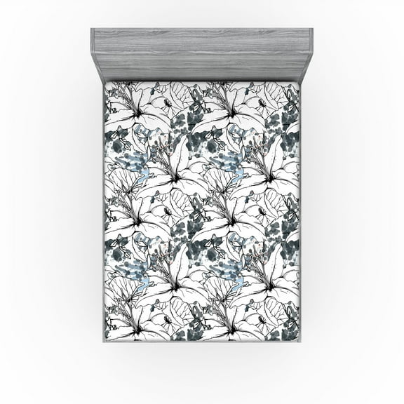 Ambesonne Botanical Fitted Sheet, Forest Flowers Exotic Art, California King, Dark Blue Grey and White
