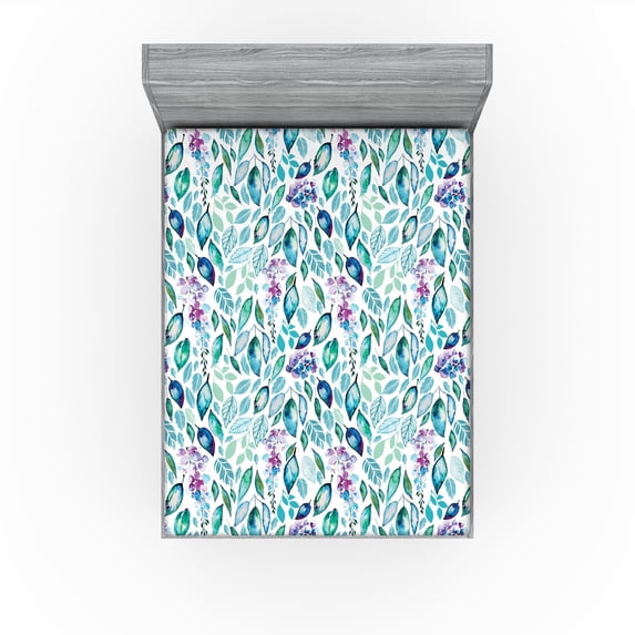 Ambesonne Botanical Fitted Sheet, Garden Vibes Leafy Print, California King, Teal Pale Purple and White