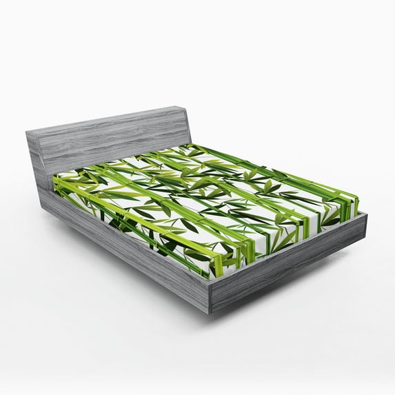 Ambesonne Botanical Fitted Sheet, Green Plants Illustration, Full Size, White and Green