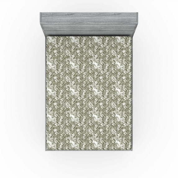 Ambesonne Botanical Fitted Sheet, Grunge Print Leafy Forest, King Size, White and Army Green