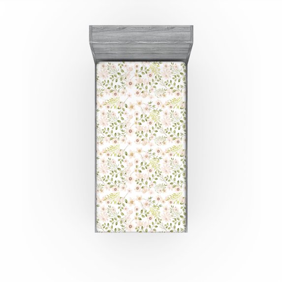 Ambesonne Botanical Fitted Sheet, Pastel Art Vintage Floral, Twin Size, Blush and Pale Olive Green