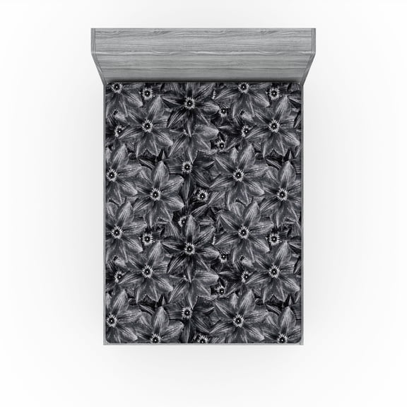 Ambesonne Botanical Fitted Sheet, Pattern Clematis Flowers, California King, Charcoal Grey Pale Grey