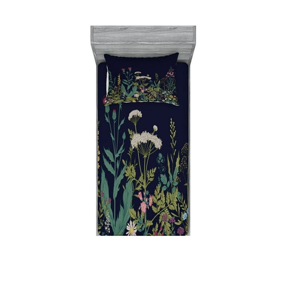 Ambesonne Botanical Fitted Sheet & Pillow Sham Set, Rural Herbs Flowers, Twin, Multicolor