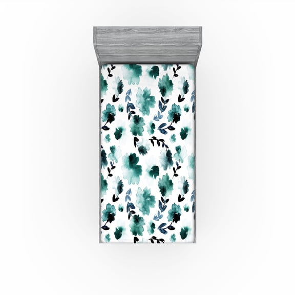 Ambesonne Botanical Fitted Sheet, Retro Flower Leaf Design, Twin XL Size, Dark Teal Slate Blue