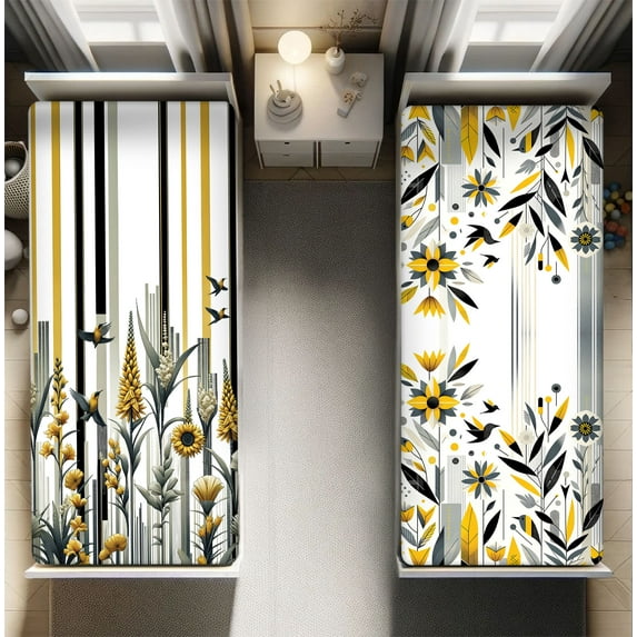 Ambesonne Botanical Fitted Sheet Set 2 Pack All-Round Elastic, Flowers Birds and Stripes, Twin Size, Earth Yellow Sage Green