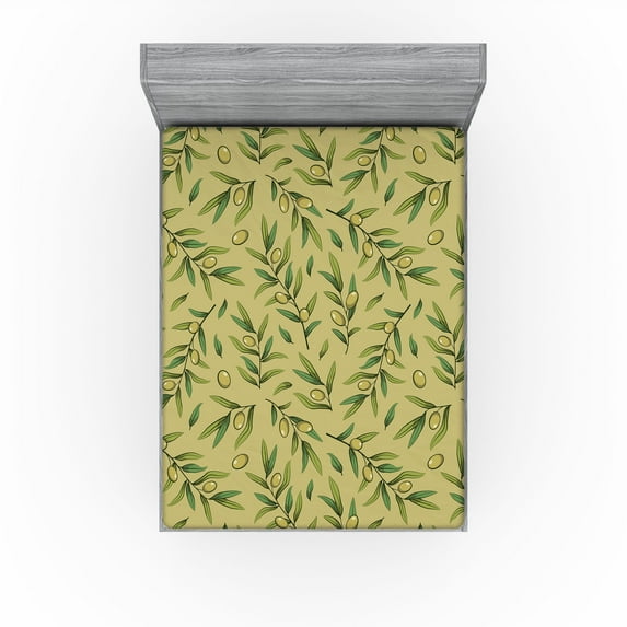 Ambesonne Botanical Fitted Sheet, Summer Pattern of Leaves, California King, Avocado Green Fern Green