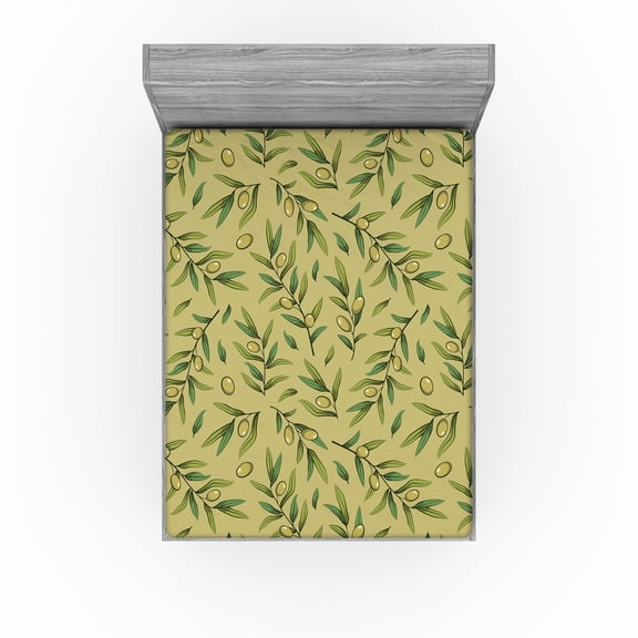 Ambesonne Botanical Fitted Sheet, Summer Pattern of Leaves, King Size, Avocado Green Fern Green