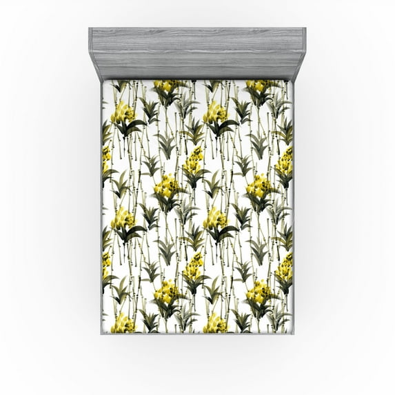 Ambesonne Botanical Fitted Sheet, Summer Print Meadow Bloom, King Size, Dark Olive Green Mustard