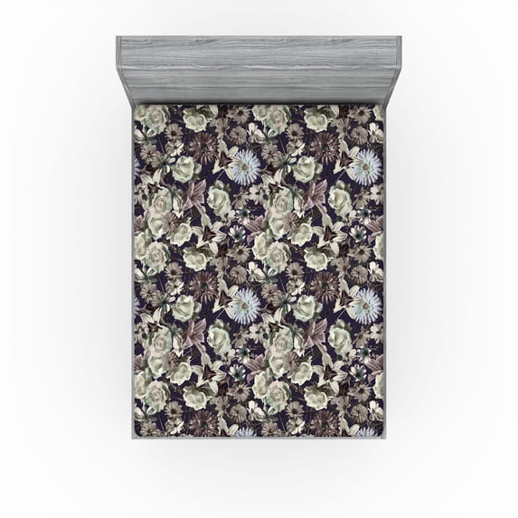 Ambesonne Botanical Fitted Sheet, Vintage Pattern of Lily, Full Size, Dark Purple Eggshell Tan