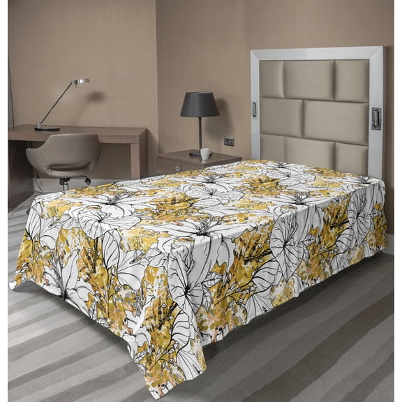 Ambesonne Botanical Flat Bedding Sheet Soft Top Sheet, Autumn Vibe Floral Art, Twin, Mustard White Black