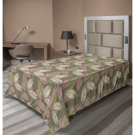 Ambesonne Botanical Flat Bedding Sheet Soft Top Sheet, Modern Leaves Leafy Print, Twin XL, Green Brown Pale Pink