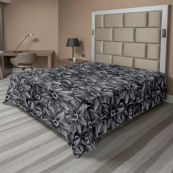 Ambesonne Botanical Flat Bedding Sheet Soft Top Sheet, Pattern Clematis Flowers, California King, Charcoal Grey Pale Grey